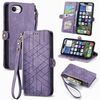 Per iPhone 16e Custodia per telefono in pelle con fibbia laterale con cerniera geometrica (viola)