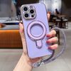 Per iPhone 12 Pro Custodia per telefono con supporto in metallo elettroplaccato a tinta unita con cordino (viola chiaro)