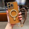 Per iPhone 16 Pro Charm Eye Custodia per telefono con supporto in metallo galvanico con cordino (marrone)