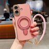 Per iPhone 16 Charm Eye Custodia per telefono con supporto in metallo galvanico con cordino (rosa)