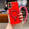 Per iPhone 16 Charm Eye Custodia per telefono con supporto in metallo galvanico con cordino (rosso)