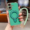 Per iPhone 16 Charm Eye Custodia per telefono con supporto in metallo galvanico con cordino (verde)