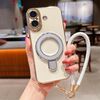 Per iPhone 16 Charm Eye Custodia per telefono con supporto in metallo galvanico con cordino (argento)