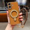 Per iPhone 16 Charm Eye Custodia per telefono con supporto in metallo galvanico con cordino (marrone)