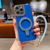 Per iPhone 15 Pro Charm Eye Custodia per telefono con supporto in metallo galvanico con cordino (blu)