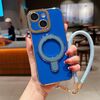 Per iPhone 15 Charm Eye Custodia per telefono con supporto in metallo galvanico con cordino (blu)