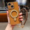 Per iPhone 14 Plus Charm Eye Custodia per telefono con supporto in metallo galvanico con cordino (marrone)