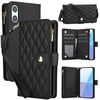 Per Sony Xperia 10 VI YM016 Rhombic Zipper Card Wallet Custodia per telefono in pelle con cordino (nero)