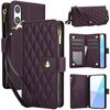 Per Sony Xperia 10 VI YM016 Rhombic Zipper Card Wallet Custodia in pelle per telefono con cordino (viola scuro)