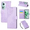 Custodia in pelle con 3 slot per carte di credito e motivo a rose in rilievo per OPPO Reno11 Global (viola)