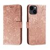 Custodia per telefono in pelle con vibrazione in rilievo con fiori in pizzo per iPhone 15 (oro rosa)