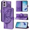 Per Motorola Moto E14 Custodia in pelle con motivo a farfalla in rilievo (viola)