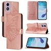Per Motorola Moto E14 Custodia in pelle con motivo a farfalla in rilievo (oro rosa)