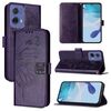 Per Motorola Moto G85 Custodia in pelle con motivo a farfalla in rilievo (viola scuro)