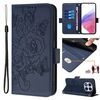 Custodia in pelle antifurto RFID con motivo a rosa in rilievo per Xiaomi Poco X7 5G / Redmi Note 14 Pro 5G (blu scuro)