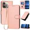 Per OPPO A5 Pro 5G YX0070 Custodia in pelle con fibbia in fibra di carbonio e cordino (rosa)
