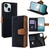 Per iPhone 15 Plus Custodia per telefono con blocco RFID in pelle con cuciture colorate (nero)