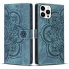 Per iPhone 15 Pro Custodia per telefono in pelle smerigliata retrò con motivo mandala in rilievo (blu)