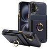 Custodia in pelle per iPhone 16 Plus con anello multifunzione verticale e flip, con retro a portafoglio (blu scuro)