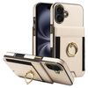 Custodia in pelle per iPhone 16 Plus con anello multifunzionale e flip verticale, con retro a portafoglio (beige)
