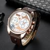CAGARNY 6822 Orologio da uomo con calendario giornaliero, cinturino doppio fuso orario, quadrante grande, al quarzo (quadrante bianco, cinturino in pelle marrone scuro)