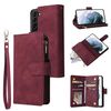 Custodia multifunzionale in pelle con cerniera e portafoglio satinato per Samsung Galaxy S22+ 5G (rosso vino)