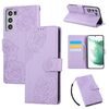 Custodia in pelle con 3 slot per carte di credito e motivo a fiori di rosa per Samsung Galaxy S22+ 5G (viola)