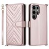 Custodia in pelle multifunzione con 6 slot per schede per Samsung Galaxy S25 Ultra 5G e cinturino da polso (rosa)