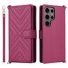 Custodia in pelle multifunzione con 6 slot per schede per Samsung Galaxy S25 Ultra 5G e cinturino da polso (rosso rosa)
