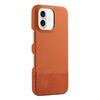 Custodia per iPhone 16 Plus in PU ibrida con rivestimento in tessuto con cuciture MagSafe e magnete per PC (marrone)