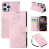 Custodia in pelle con 3 scomparti per carte di credito e motivo a fiori di rosa per iPhone 16 Pro Max (rosa)