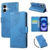 Custodia in pelle con 3 slot per carte di credito e motivo a fiori di rosa per iPhone 16 Plus (blu)