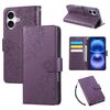 Custodia in pelle con 3 scomparti per carte di credito e motivo a fiori di rosa per iPhone 16 Plus (viola scuro)