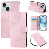 Custodia in pelle con 3 slot per carte e motivo a fiori di rosa per iPhone 15 (rosa)