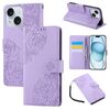 Custodia in pelle con 3 scomparti per carte di credito e motivo a fiori di rosa per iPhone 15 (viola)