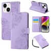 Custodia in pelle con 3 scomparti per carte di credito e motivo a rose in rilievo per iPhone 14/13 (viola)