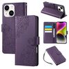 Custodia in pelle con 3 scomparti per carte di credito e motivo a rose in rilievo per iPhone 14/13 (viola scuro)