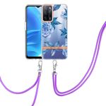 Per OPPO A55 5G / A53S 5G / A54 4G / A16 / A54S 4G Fiori serie TPU Cassa del telefono con cordino (peonia blu)