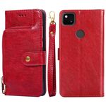 Per Google Pixel 4A borsa con cerniera con cerniera orizzontale cassa del telefono in pelle con supporto e carte slot e cordino (rosso)