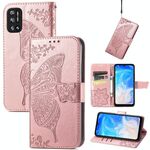 Per Doogee N40 Pro Butterfly Love Flowers Embossed Horizontal flip custodia in pelle con supporto e carta Slot & Portafoglio e cordino (oro rosa)