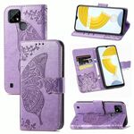 Per OPPO Realme C21y Butterfly Amore fiori in rilievo in cuoio orizzontale in pelle flip con supporto e carte slot e portafoglio e cordino (viola chiaro)