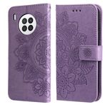 Per Huawei Nova 8i / onore 50 Lite 7-Petal Flowers Embossed flip custodia in pelle flip con titolare e slot per schede (viola leggera)