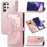 Per Samsung Galaxy S22 Ultra 5G Mandala Flower goffrato in pelle orizzontale in pelle flip con titolare e carte slot e portafoglio e cordino (oro rosa)