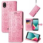 Per Wiko Y61 Bellissimo Cat e Cane Embossing Pattern Growding Caso in pelle flip orizzontale, con supporto e carte Slot & Portafoglio e portafoglio Cartoon Chasp & Lanyard (rosa)