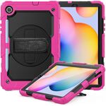 Per Samsung Galaxy Tab S6 Lite P610 Custodia protettiva antiurto in silicone colorato + PC con supporto e tracolla e tracolla e slot per penna (rosa rossa)