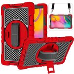 Per Samsung Galaxy Tab A 10.1 2019 T515 T515 360 gradi Colore di rotazione Colore Antifondo antiurto + Cassa in silicone + PC con supporto e cinturino a presa e tracolla (rosso + nero)
