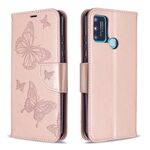 Per Huawei Honor 9A Custodia in pelle a ribaltamento orizzontale con motivo a due farfalle con supporto, slot per schede, portafoglio e cordino (oro rosa)