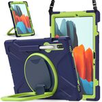 Per Samsung Galaxy Tab S8 / GALAXY TAB S7 T870 / T875 Silicone + custodia protettiva per PC con supporto e tracolla (blu navy + verde giallo)