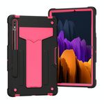 Per Samsung Galaxy Tab S8 / Galaxy Tab S7 T870 / T875 Staffa a forma di T Contrasto Colore antiurto antiurto PC + custodia protettiva in silicone (nero + rosa rossa)