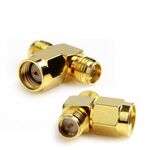 Adattatore RP-SMA maschio a 2 RP-SMA femmina (tipo T), placcato in oro